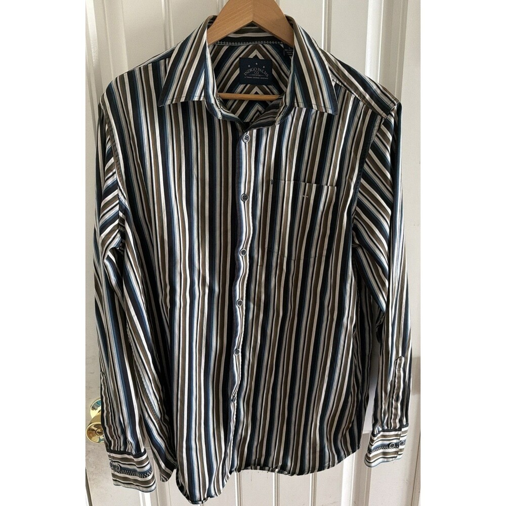 Indigo Palms Shirt Mens Large Long Sleeve Green Blue Stripe Button Up Collared
